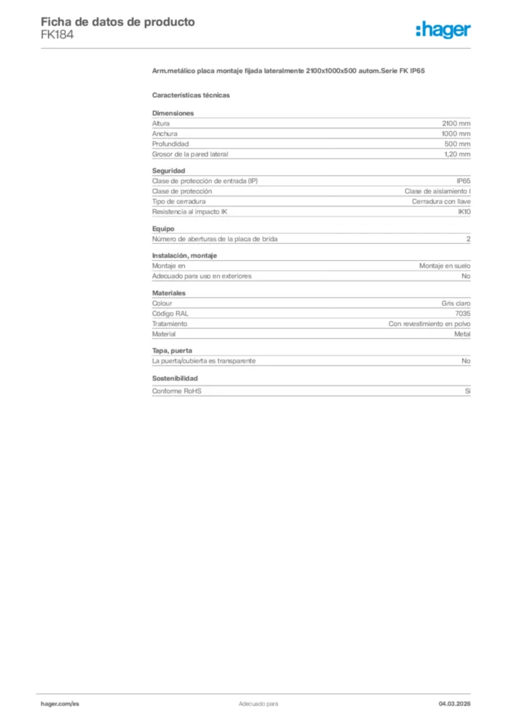 Imagen Hager Ficha de datos de producto FK184 | Hager España