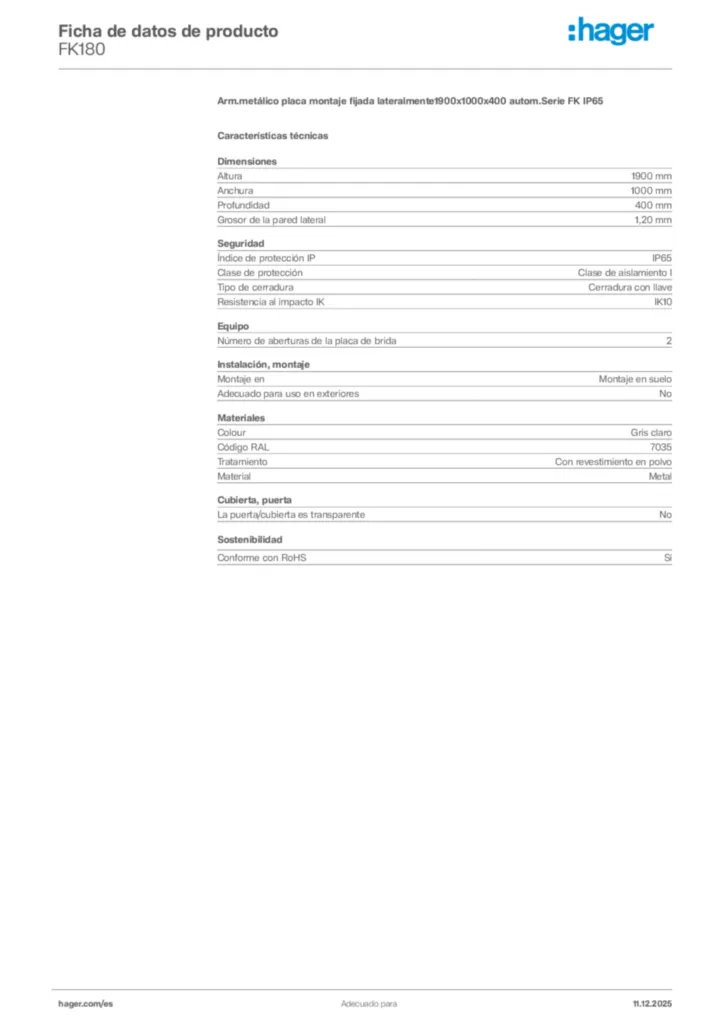 Imagen Hager Ficha de datos de producto FK180 | Hager España