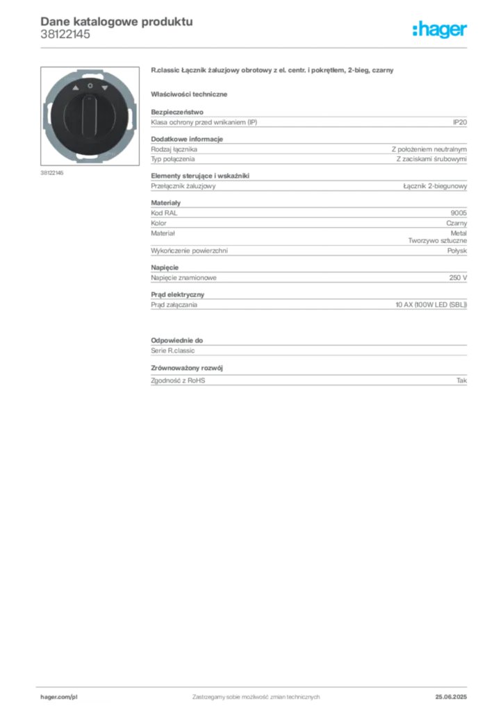 Zdjęcie Hager Dane katalogowe produktu 38122145 | Hager Polska
