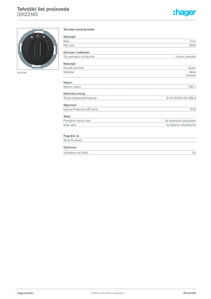Slika Hager Product data sheet 38122145  | Hager