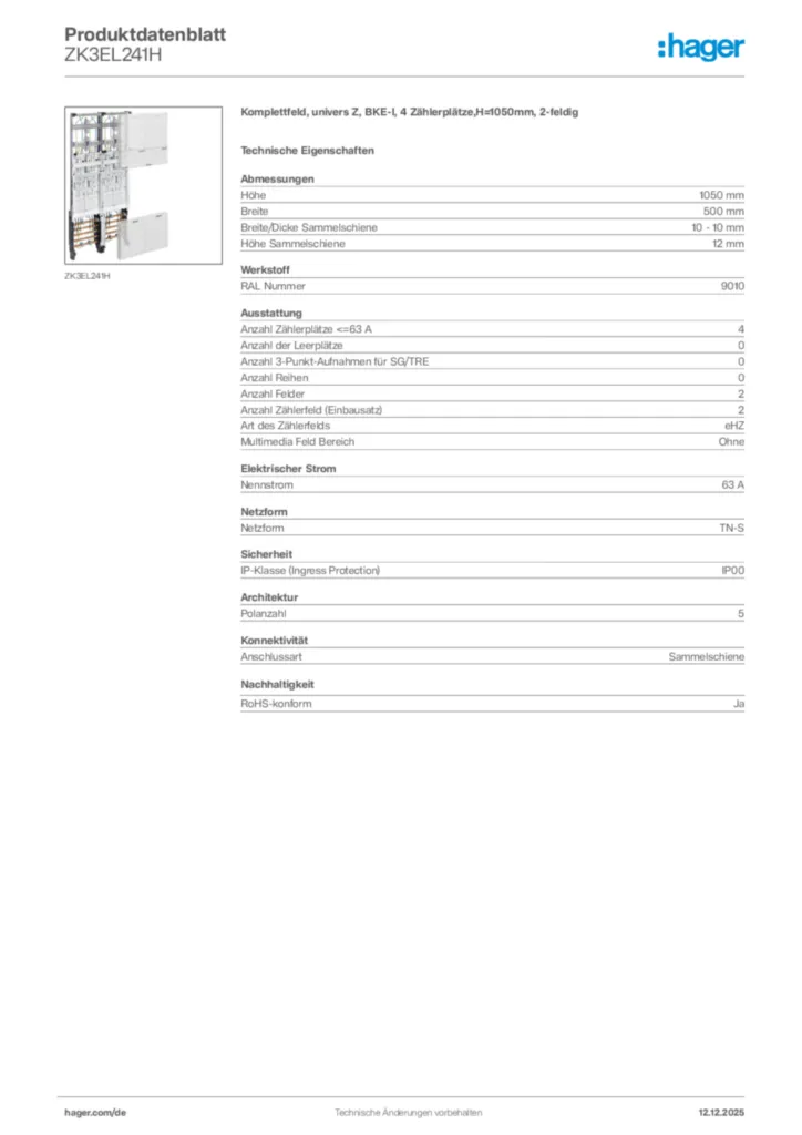 Bild Hager Produktdatenblatt ZK3EL241H | Hager Deutschland