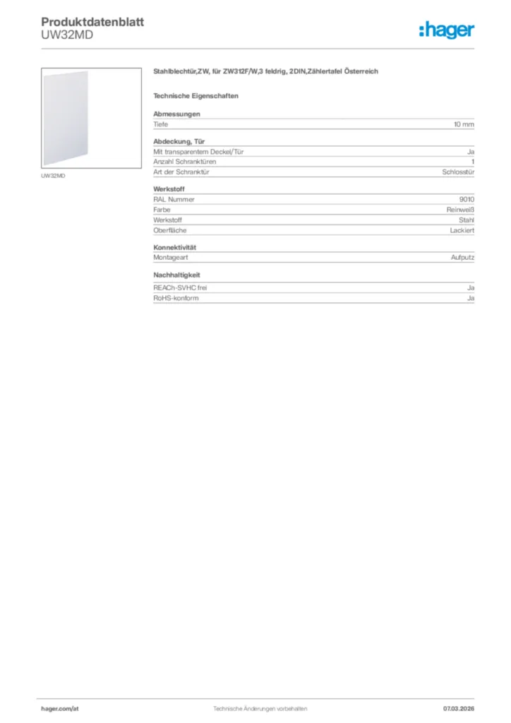 Bild Hager Produktdatenblatt UW32MD | Hager Deutschland