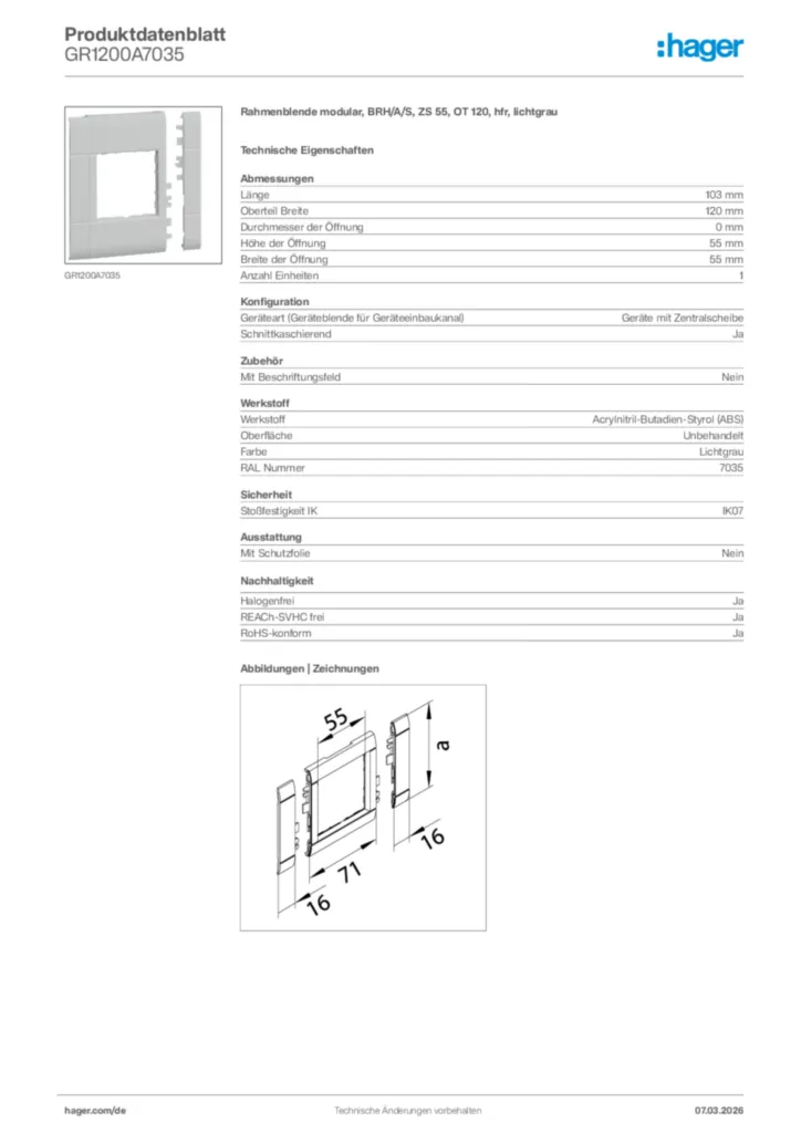 Bild Hager Produktdatenblatt GR1200A7035 | Hager Deutschland