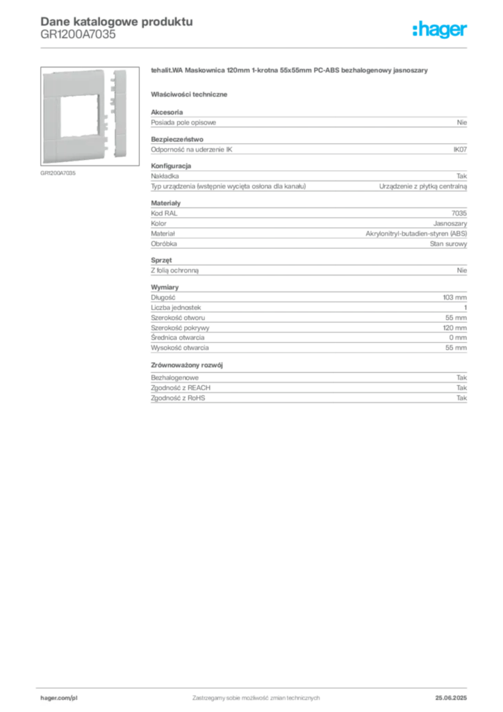 Zdjęcie Hager Dane katalogowe produktu GR1200A7035 | Hager Polska