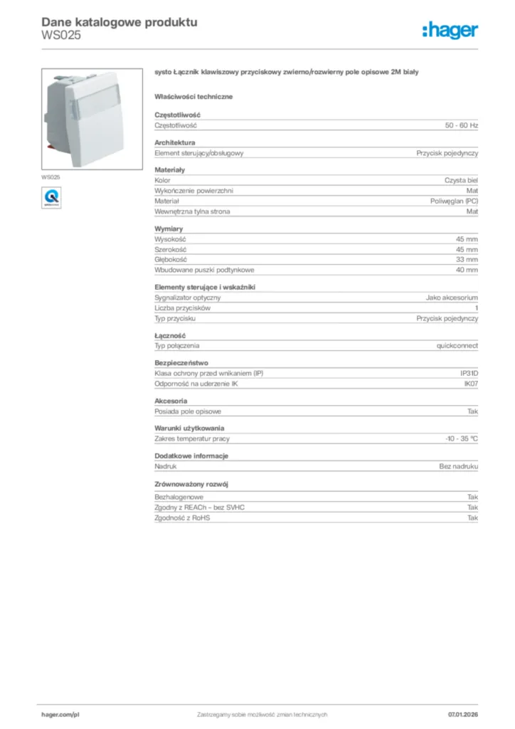 Zdjęcie Hager Karta katalogowa WS025 | Hager Polska