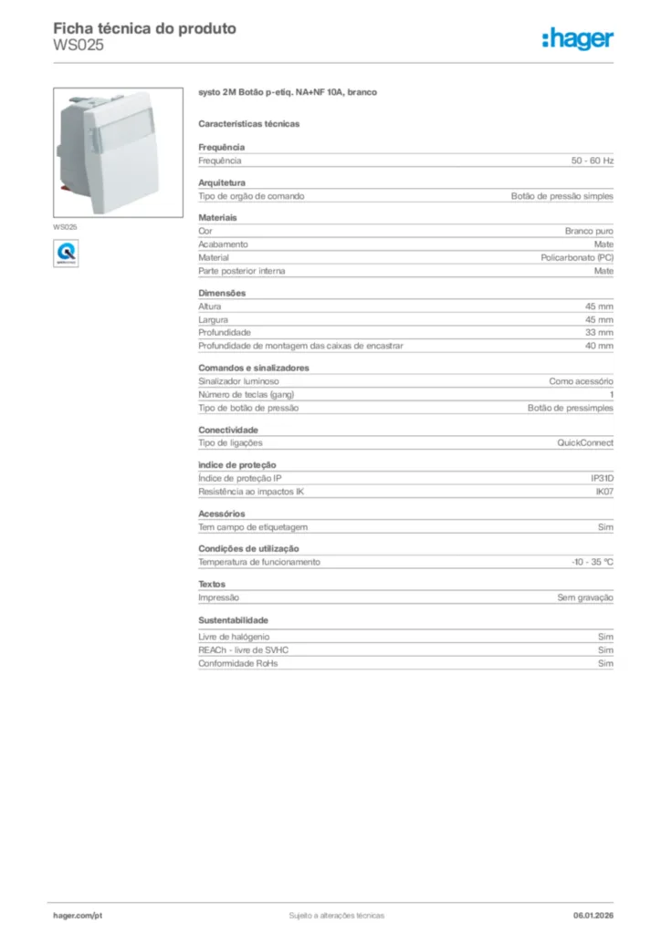 Imagem Hager Ficha técnica do produto WS025 | Hager Portugal
