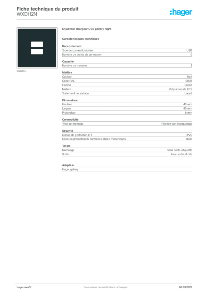 Image Hager Fiche technique du produit WXD112N | Hager France