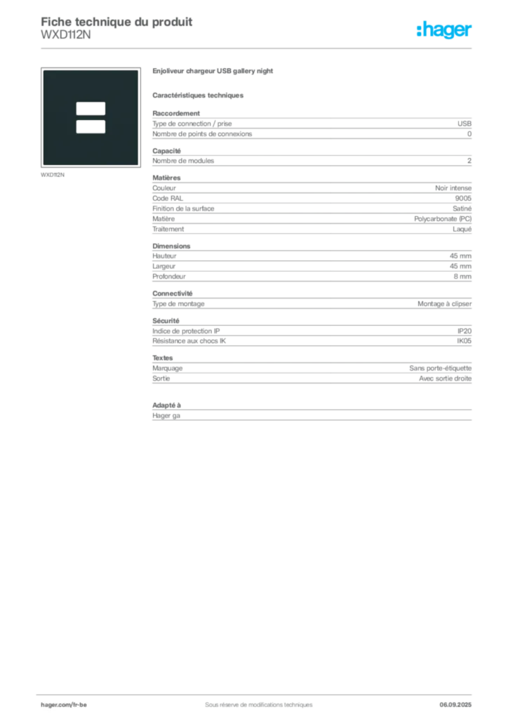 Image Hager Fiche technique du produit WXD112N | Hager Belgique
