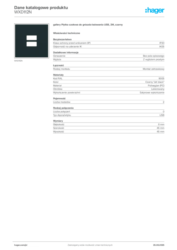 Zdjęcie Hager Dane katalogowe produktu WXD112N | Hager Polska