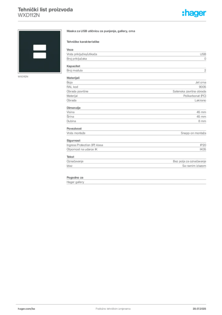 Slika Hager Product data sheet WXD112N  | Hager