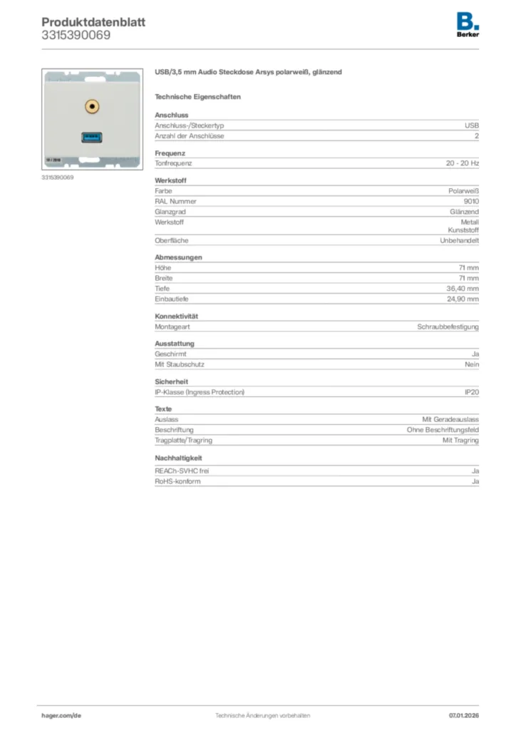 Bild Berker Produktdatenblatt 3315390069 | Hager Deutschland