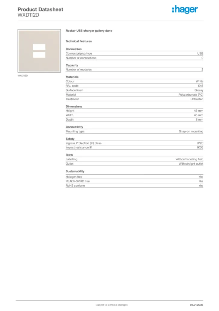 Image Hager Product data sheet WXD112D  | Hager Africa