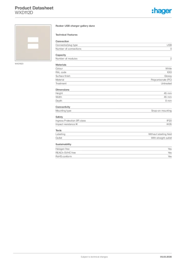 Image Hager Product data sheet WXD112D  | Hager Africa