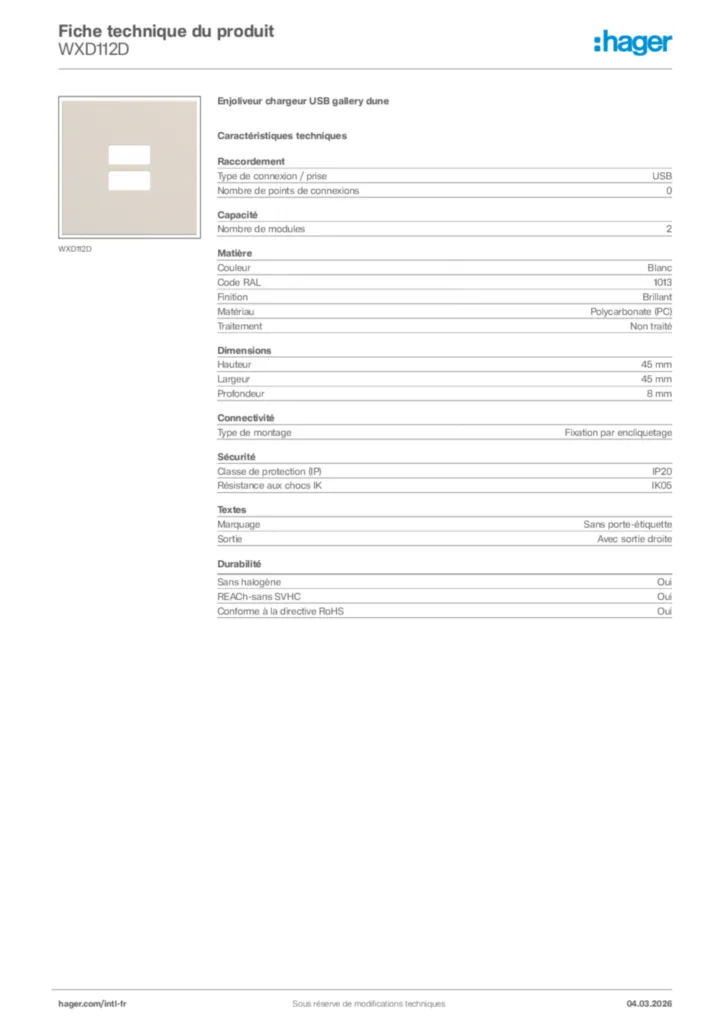 Image Hager Fiche technique du produit WXD112D | Hager Afrique