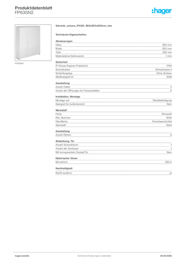 Bild Hager Produktdatenblatt FP63SN2 | Hager Deutschland