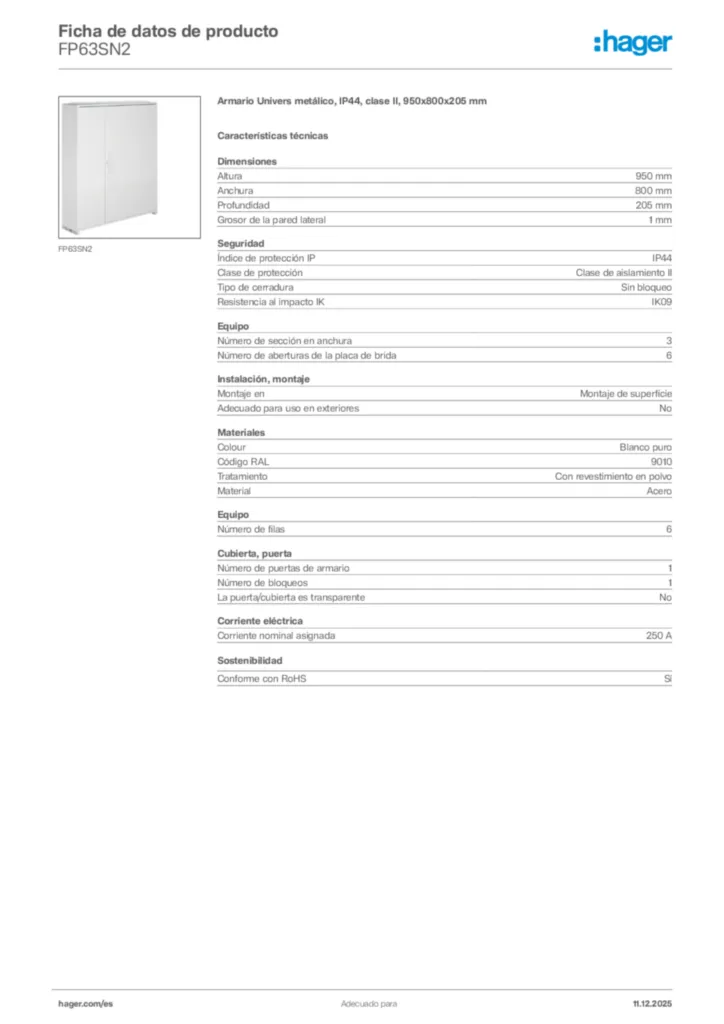 Imagen Hager Ficha de datos de producto FP63SN2 | Hager España
