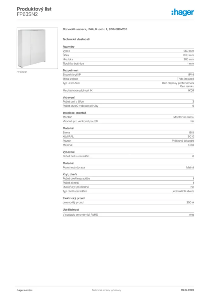 Obrázek Hager Product data sheet FP63SN2 | Hager