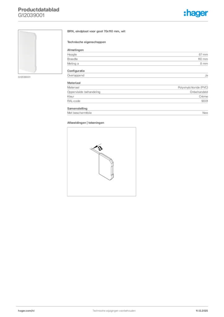 Afbeelding Hager Productdatablad G12039001 | Hager Nederland
