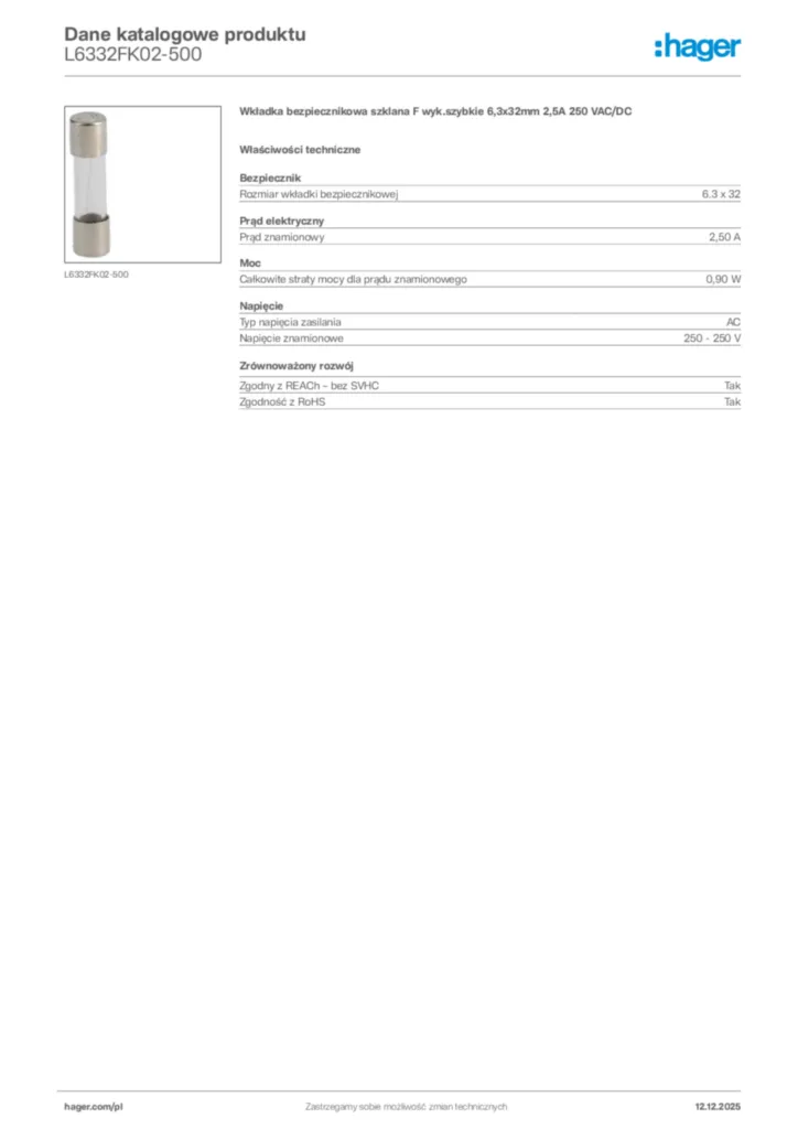 Zdjęcie Hager Dane katalogowe produktu L6332FK02-500 | Hager Polska