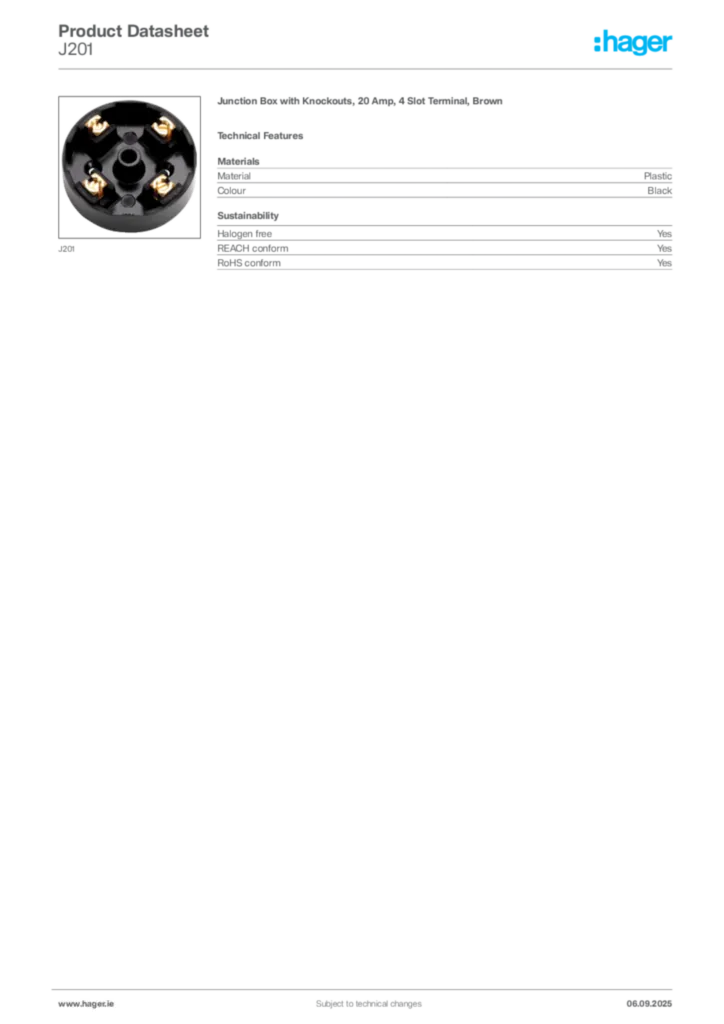 Image Hager Product data sheet J201  | Hager