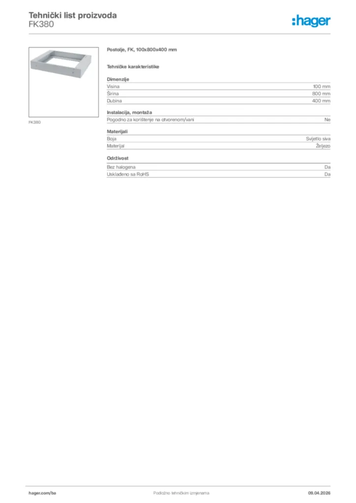 Slika Hager Tehnički list proizvoda FK380  | Hager