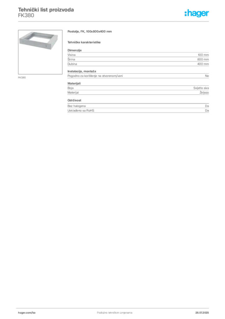 Slika Hager Product data sheet FK380  | Hager