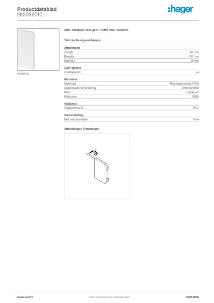 Afbeelding Hager Productdatablad G12039010 | Hager Nederland