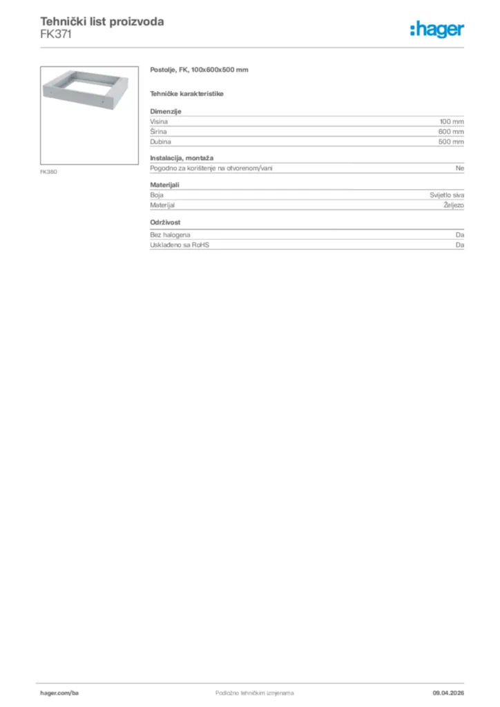 Slika Hager Tehnički list proizvoda FK371  | Hager
