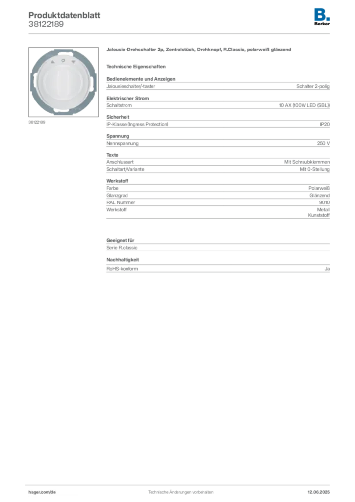 Bild Berker Produktdatenblatt 38122189 | Hager Deutschland