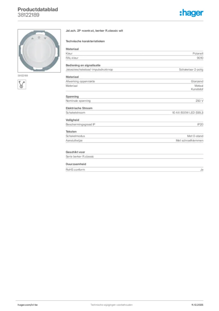 Afbeelding Hager Productdatablad 38122189 | Hager Belgium