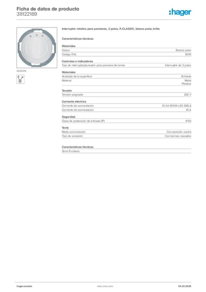 Imagen Hager Ficha de datos de producto 38122189 | Hager España