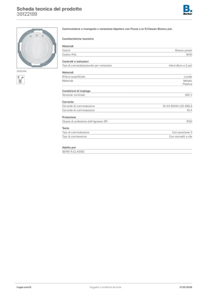 Immagine Berker Scheda tecnica del prodotto 38122189 | Hager Italia