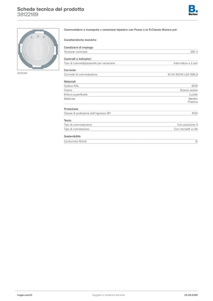 Immagine Berker Scheda tecnica del prodotto 38122189 | Hager Italia