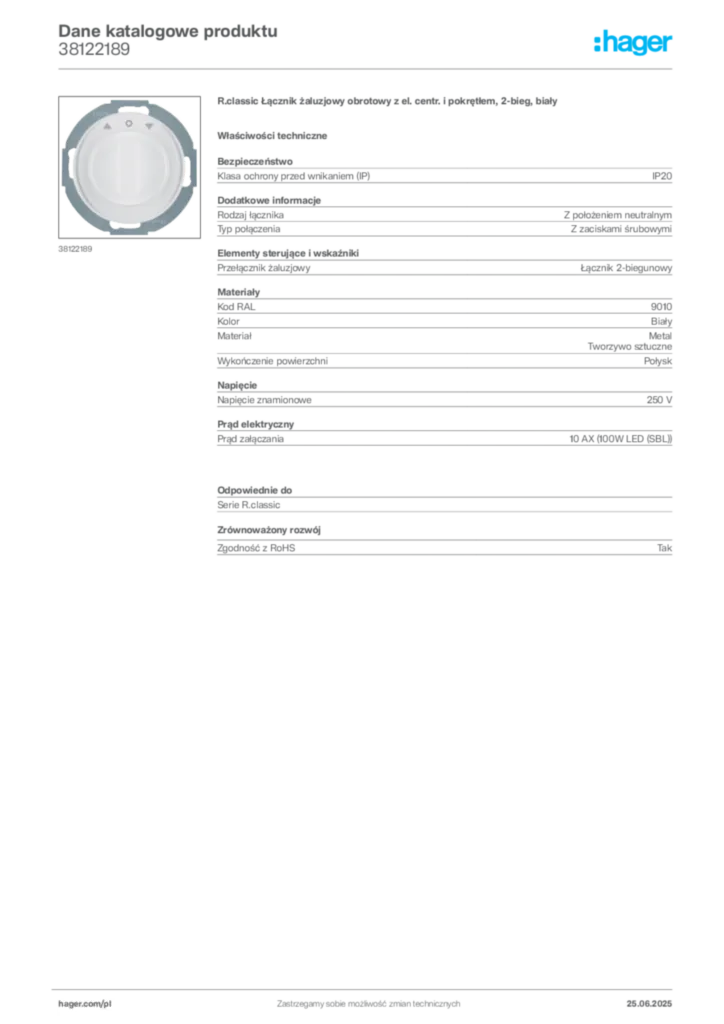 Zdjęcie Hager Dane katalogowe produktu 38122189 | Hager Polska