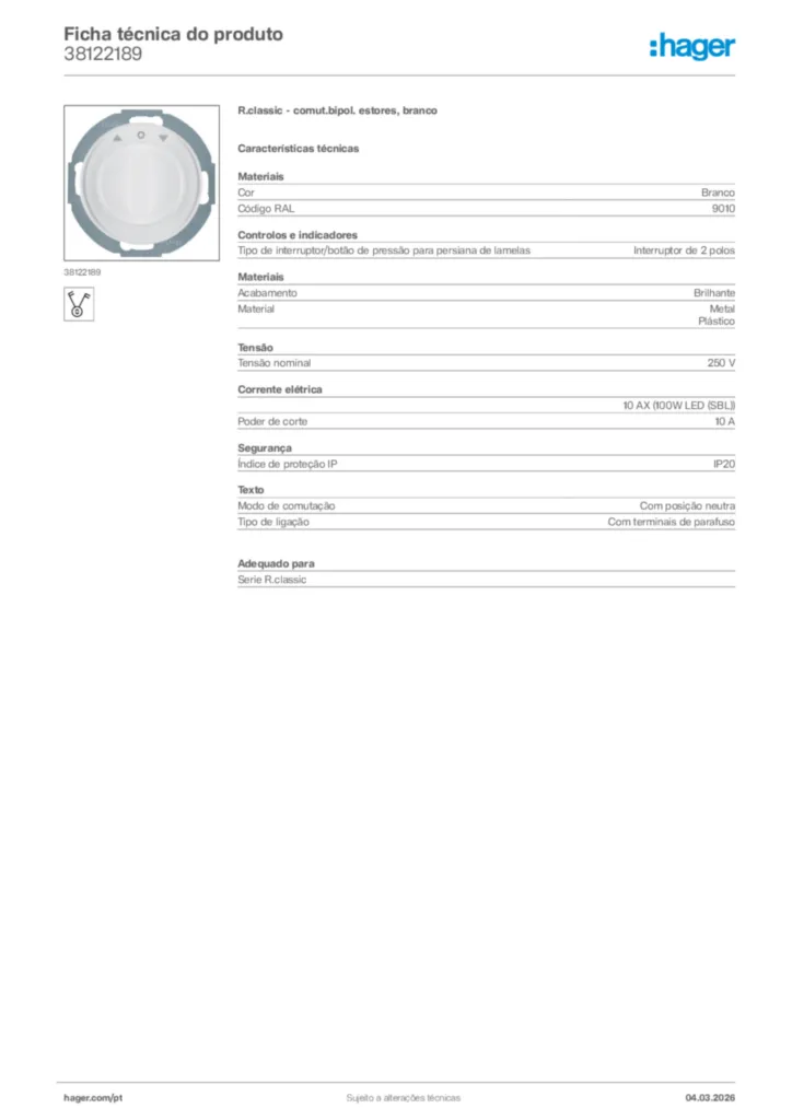 Imagem Hager Ficha técnica do produto 38122189 | Hager Portugal