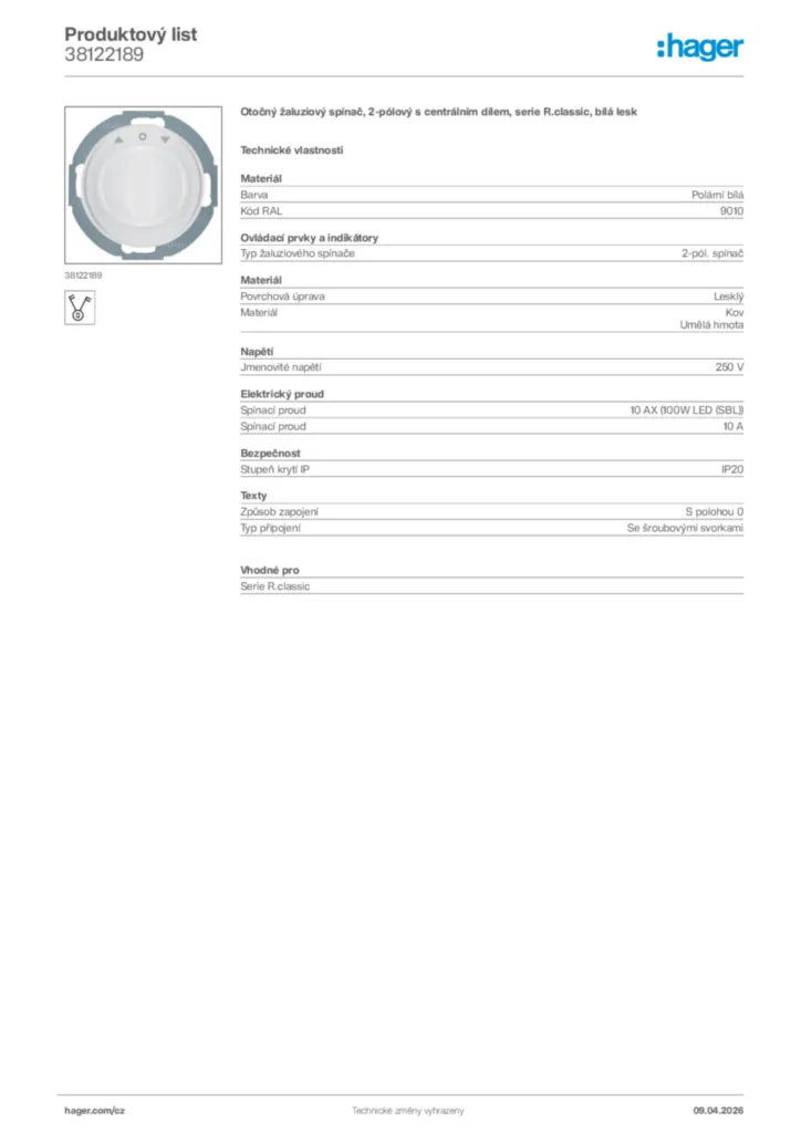 Obrázek Hager Product data sheet 38122189 | Hager