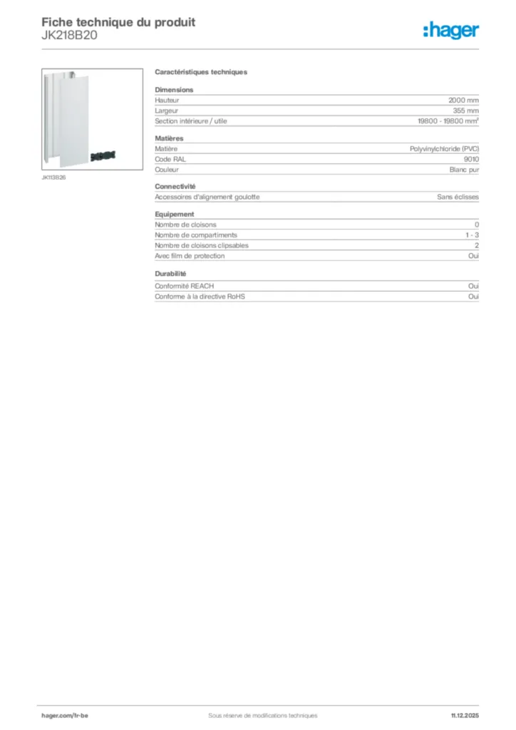 Image Hager Fiche technique du produit JK218B20 | Hager Belgique