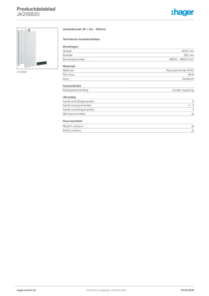 Afbeelding Hager Productdatablad JK218B20 | Hager Belgium