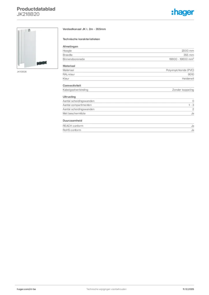 Afbeelding Hager Productdatablad JK218B20 | Hager Belgium