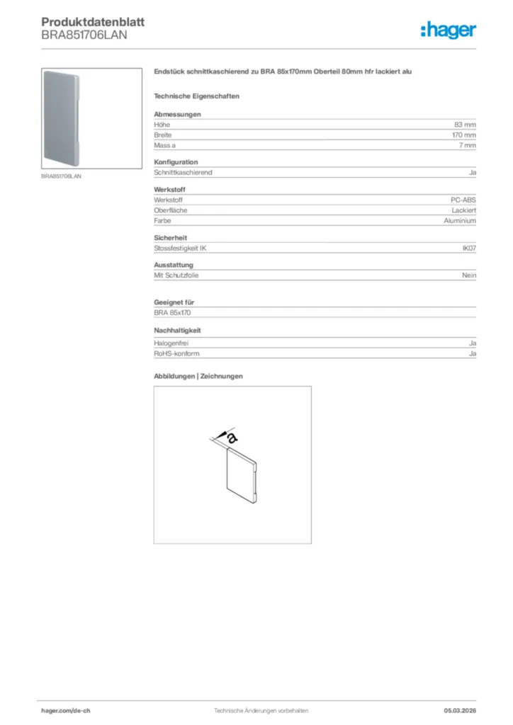 Bild Hager Produktdatenblatt BRA851706LAN | Hager Schweiz