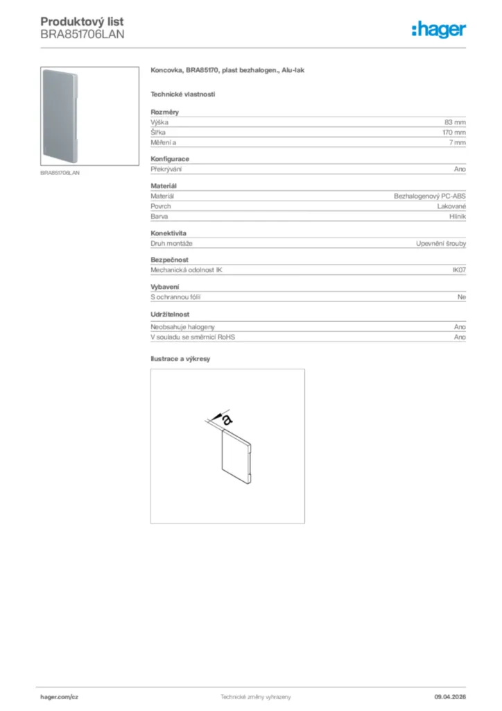 Obrázek Hager Product data sheet BRA851706LAN | Hager