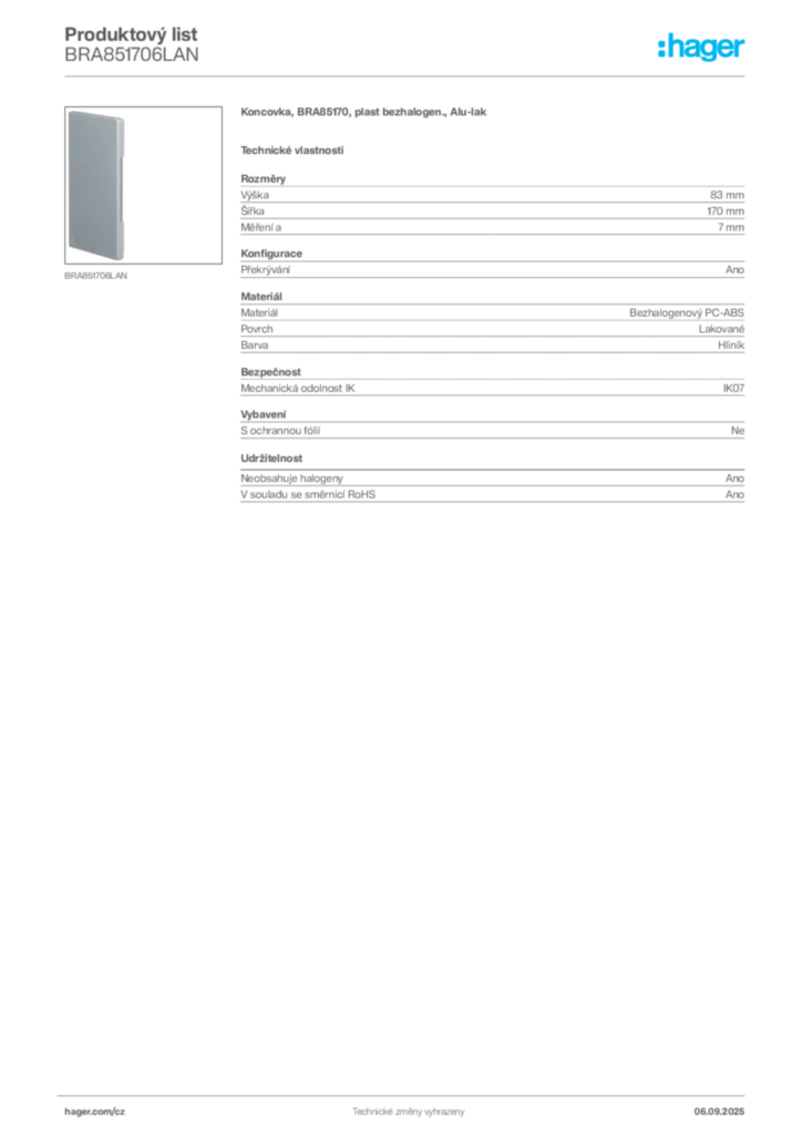 Obrázek Hager Produktový list BRA851706LAN | Hager