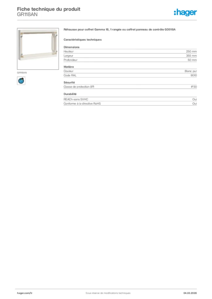Image Hager Fiche technique du produit GR118AN | Hager France