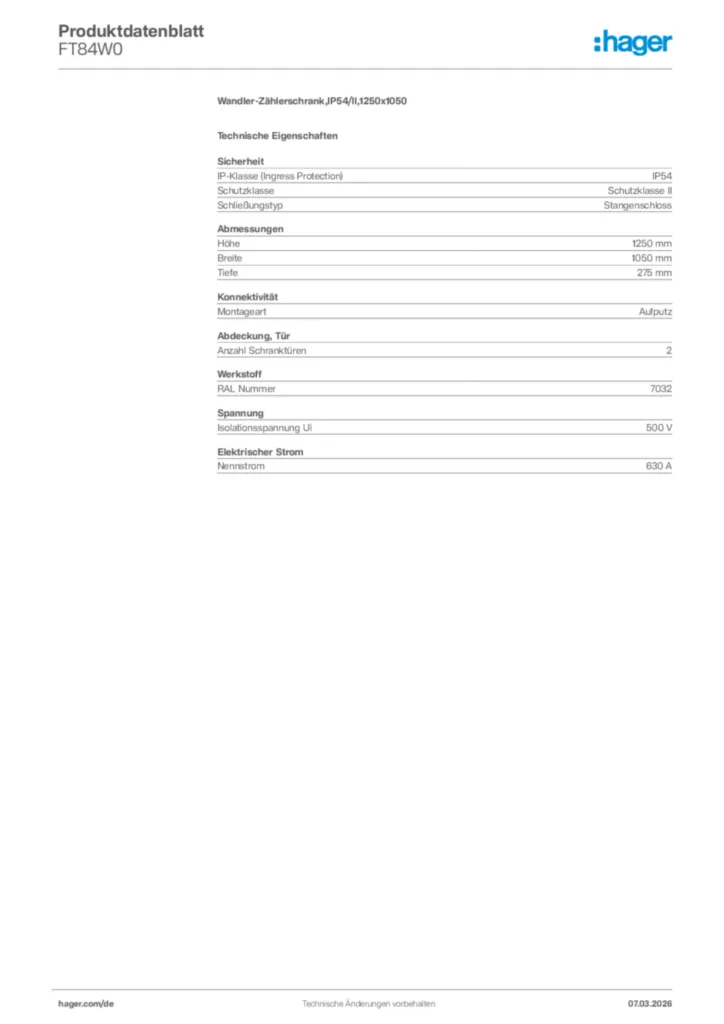 Bild Hager Produktdatenblatt FT84W0 | Hager Deutschland