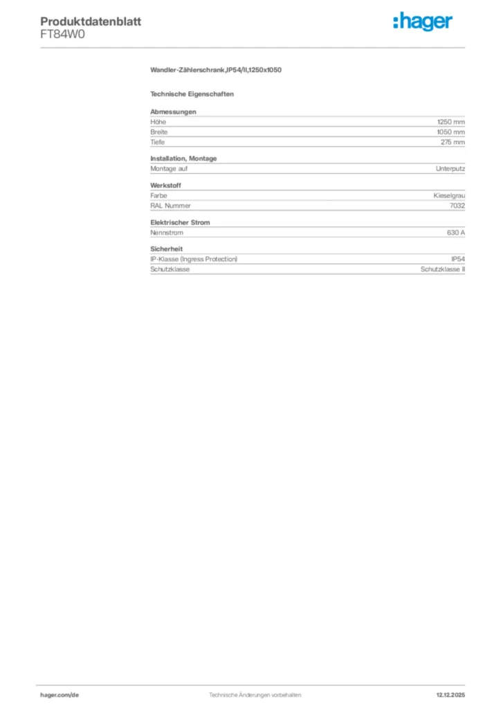 Bild Hager Produktdatenblatt FT84W0 | Hager Deutschland