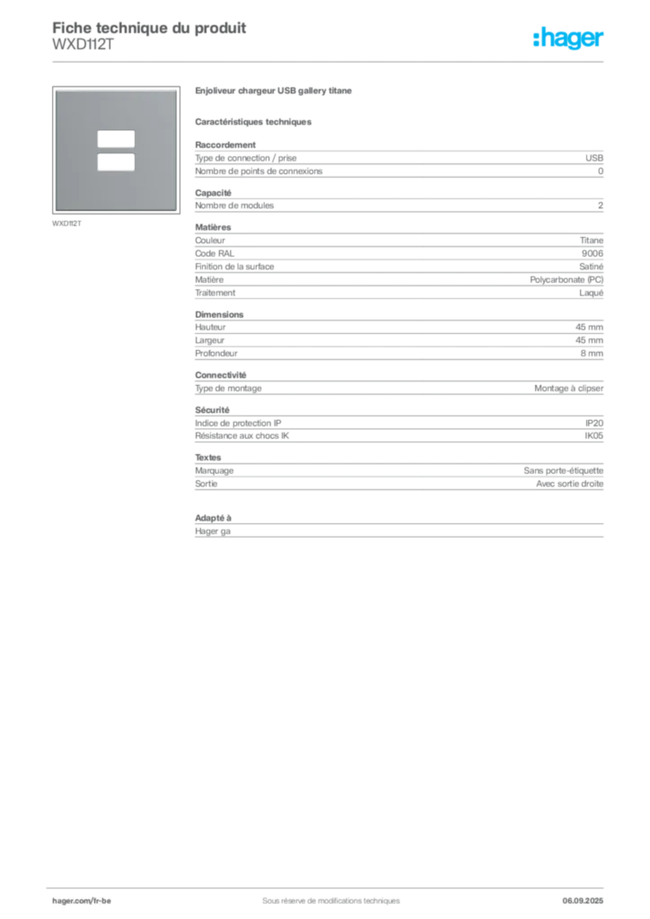 Image Hager Fiche technique du produit WXD112T | Hager Belgique