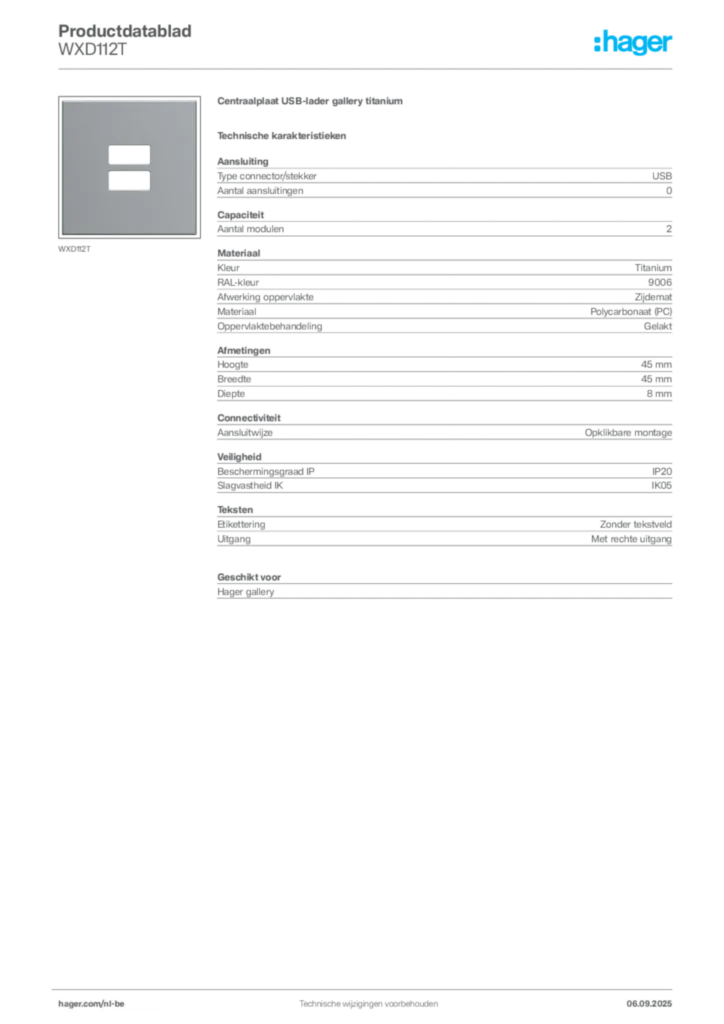Afbeelding Hager Productdatablad WXD112T | Hager Belgium