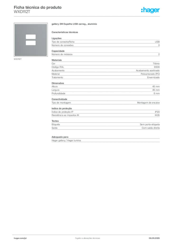 Imagem Hager Ficha técnica do produto WXD112T | Hager Portugal