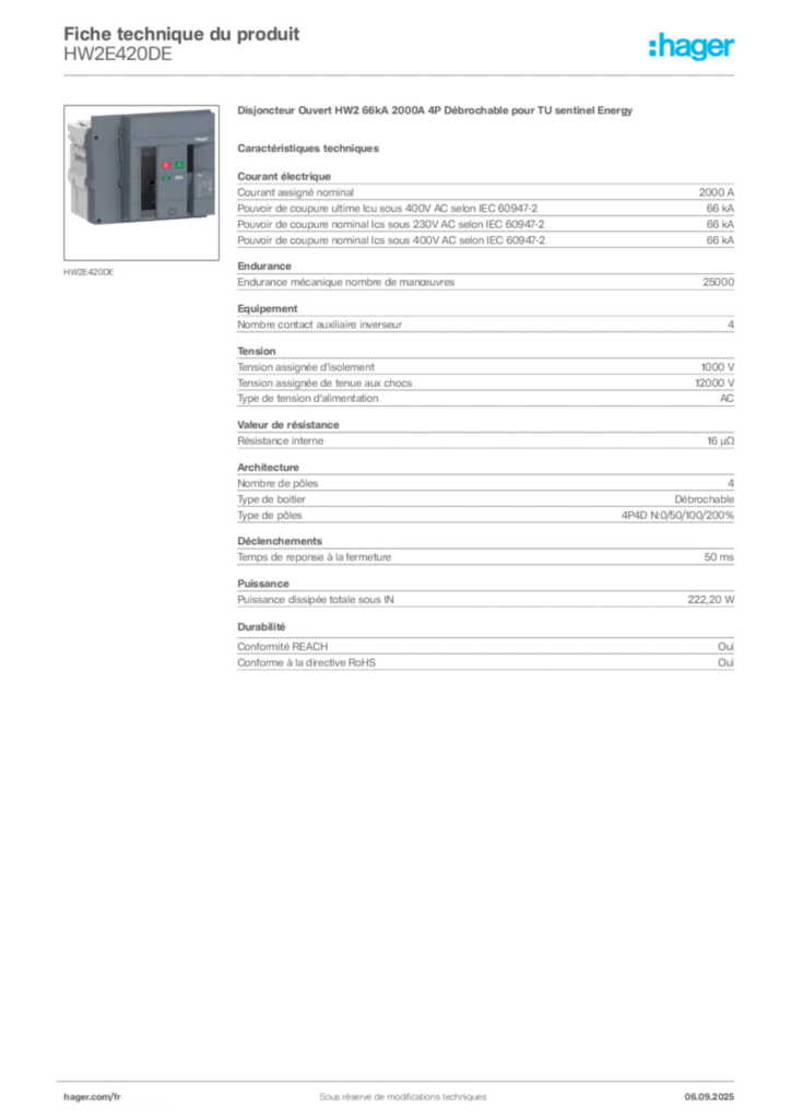 Image Hager Fiche technique du produit HW2E420DE | Hager France