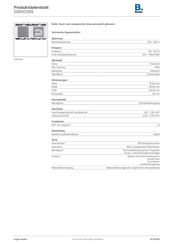 Bild Berker Produktdatenblatt 28800069 | Hager Deutschland
